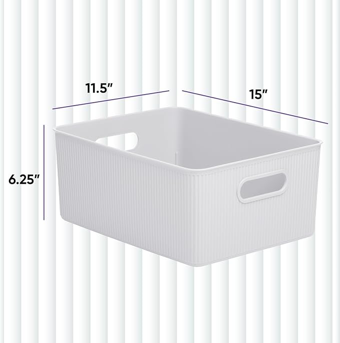 Superio Ribbed Collection - Decorative Plastic Basket Open Home Storage Bins Organizer, Large White (1 Pack) Container Boxes for Organizing Closet Storage Bins for Shelves 15 Liter/16 Quart