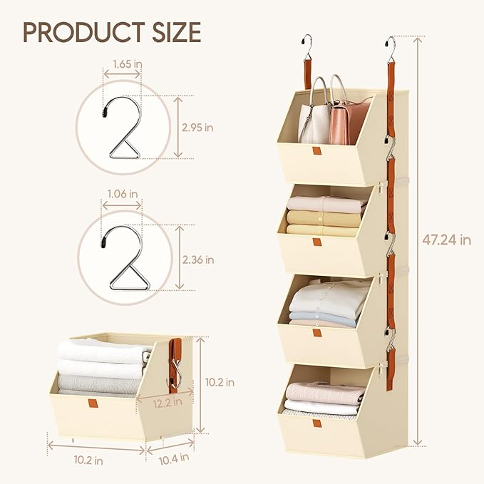 Hanging Closet Organizer 4 Tier - Clothes Hanging Shelves, Space-Saving Closet System, Fabric Storage Bins Bedroom Organization, Collapsible Baskets for Home, Dorm, Rv, Beige