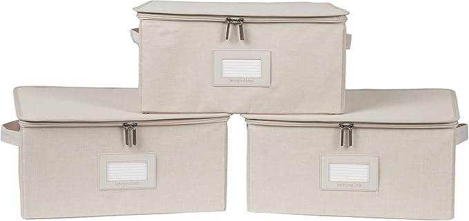 Covermates Keepsakes Zip-Top Storage Box Set, 3 Pack Heavy Duty Polyester Organizer Bins, Stackable Design, ID Window, Reinforced Handles, Closet Home Storage, Beige Heather