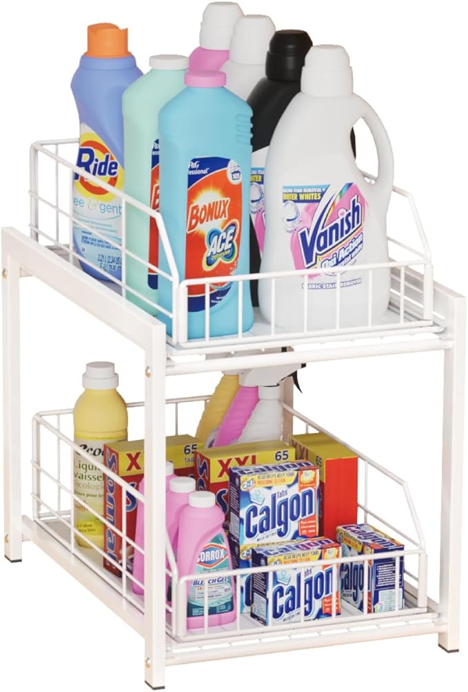 2 Tier Sliding Basket Drawer Organizer, Pull Out Under Sink Cabinets Organizers, Metal Home Shelf for Bathroom or Kitchen, Sliding Countertop or Pantry Storage Shelf, White