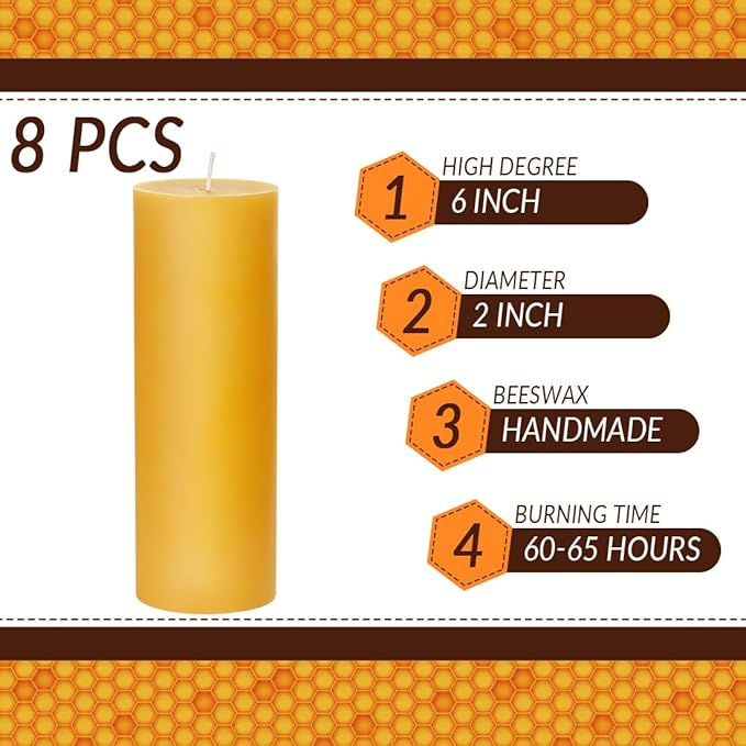 2 x 6 inch Natural Beeswax Pillar Candles Set of 8, Smokeless Dripless Pure Beeswax Candle with Natural Scent for Room Decoration Prayer Party, Long Lasting Burn Time, Brown Raw