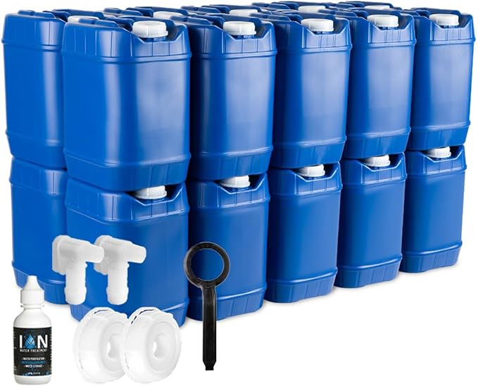 5-Gallon Stackable Water Storage Containers with Lids, Emergency Water Storage Kit Including Spigots and Water Preserver Bottles, 100 Gallons