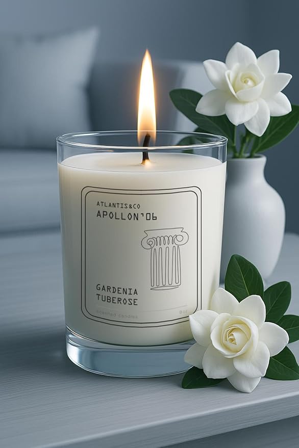 Atlantis&Co Candle Gardenia Tuberose Scented Candle, 8oz Jar with Long-Lasting Burn, Giftable, Holidays,Birthdays