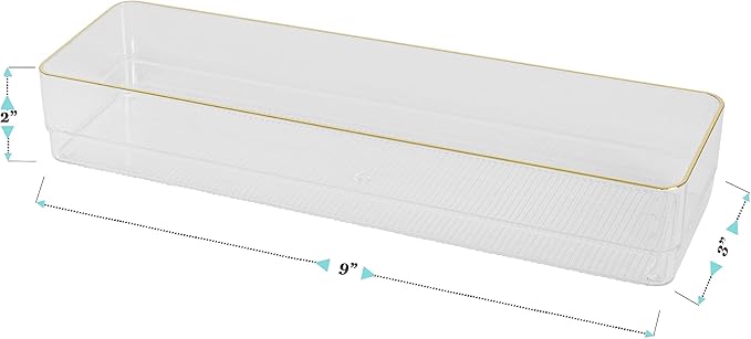 Martha Stewart Kerry Plastic Stackable Office Desk Drawer Organizers, 9" x 3", 8 Pack, with Gold Trim