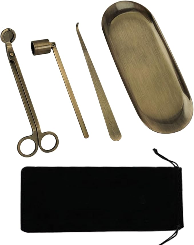 MrMrKura 4 in 1 Candle Accessory Set, Candle Snuffer, Candle Wick Cutter, Candle Dipper, Storage Tray Plate, Candle Care Kit with Velvet Pouch for Candle Lover (Bronze)