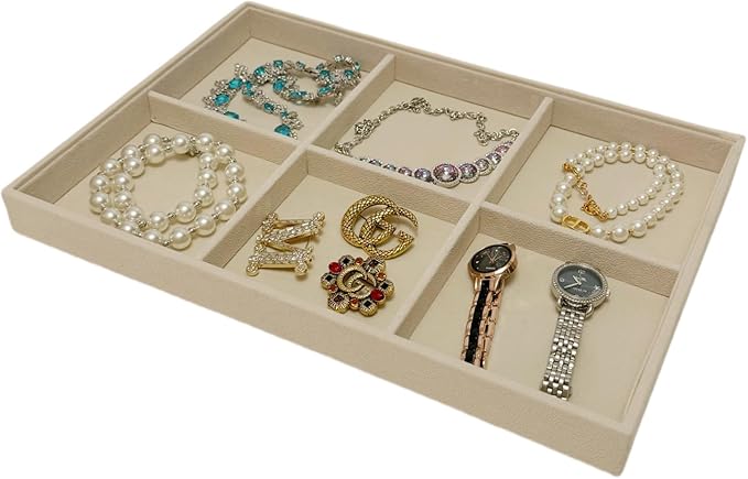 Large Beige Premium Quality Velvet Jewelry Display Box Tray Stackable Practical Trade Show Home Store 6 Grids Jewelry Tray Drawer Inserts