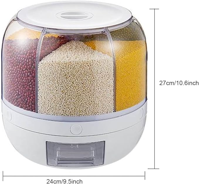 Cereal Dispenser Countertop Rotatable - Grain Containers Tank Dispenser with 6 Compartments - Ideal for Kitchen Storage of Lentils, Rice, Beans and Other Dry Food