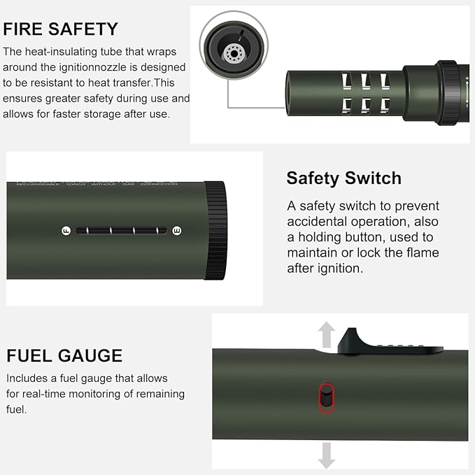 Camping Lighter, Torch Lighter, Windproof Jet Flame Butane Refillable Adjustable Flame with Safety Lock&Fule Guage for Campfires Kitchen Hiking Candles Fireplace BBQ Outdoor Camping Essentials(Green)