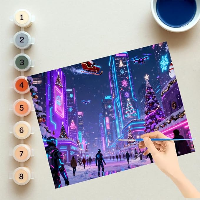 EnLvYY Cyberpunk Christmas Paint by Numbers for Adults, DIY Acrylic Painting Kit for Beginners, Futuristic City Neon Lights Winter Scene Wall Art, Gift for Teens and Adults,8X12IN Framed