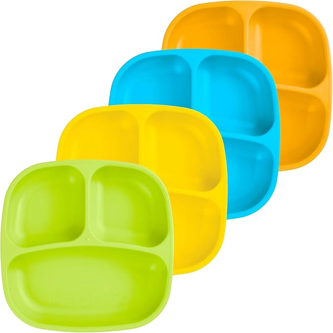 Re-Play Toddler Plates with Dividers - Deep-Walled 3 Compartments Divided Plates for Kids - Dishwasher & Microwave Safe - Made in USA - Set of 4-7.37" x 7.37" x 1.25" - Spring
