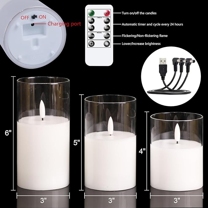 Rechargeable Candles with Remote Timer, Clear Glass Flameless Candles Flickering with Charging Cable, 3 Pack Real Wax LED Pillar Candle for Halloween Christmas Home Decor (D3” x H4”5”6”)