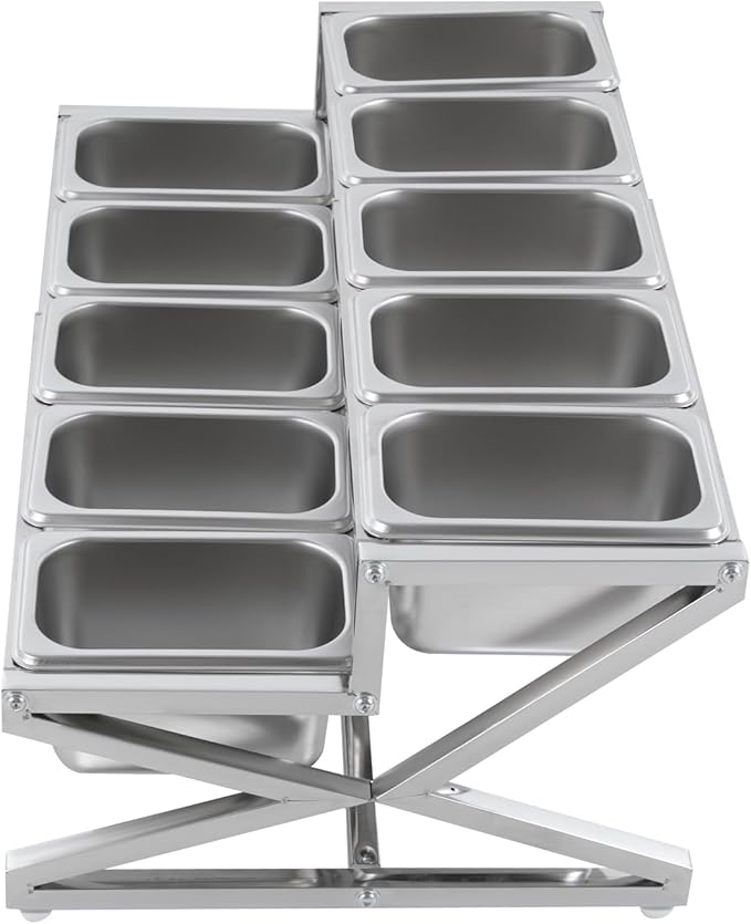 2-Tier Expandable Spice Rack with Lids & Spoons, Stainless Steel Seasoning Organizer Shelf, Pizza Topping Station, Kitchen Countertop Holder for Condiment Ingredients Sauces Jams Fruits