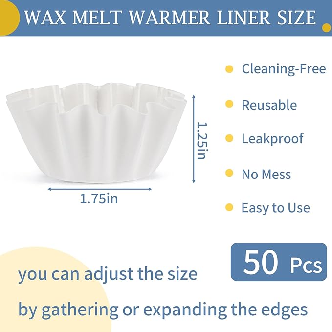 PEASUG 50 Pcs Wax Melt Liners, Wax Melt Warmer Liners, Leakproof & Reusable Wax Melt Cups for Wax Burner, Wax Melters, Candle Warmers, Scented Wax, Plug Warmers, Electric Wax Warmers (White)