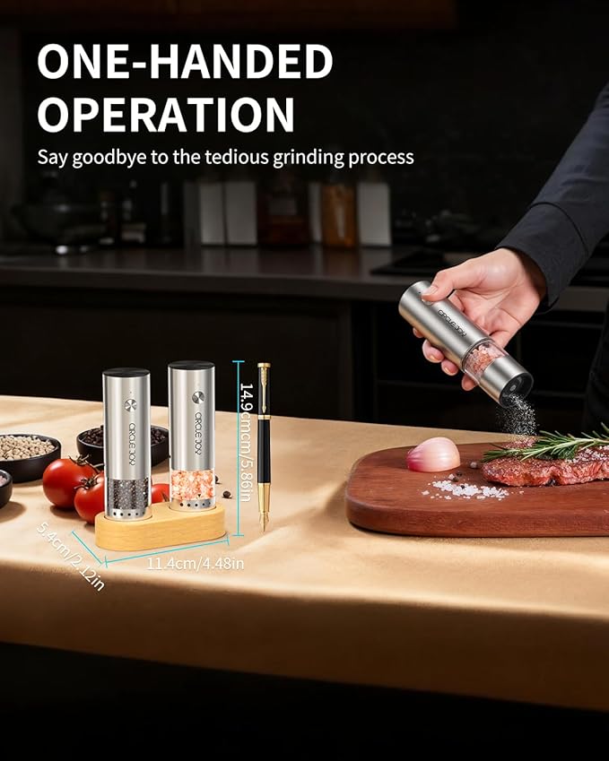 CIRCLE JOY Mini Rechargeable Salt and Pepper Grinder Set with Wooden Base, Dust Cover and External Adjustment, Stainless Steel Electric Pepper Mill Grinders for Kitchen, Outdoors and Travel, Silver