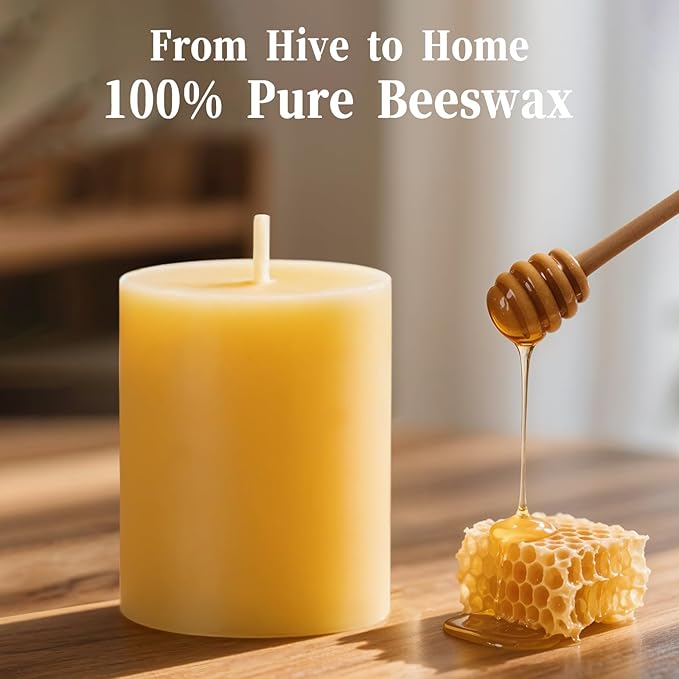 3 Pack Beeswax Candles - 3x4inchs Emergency Candles, Beeswax Pillar Candles 180 Hours Long Burning 100% Pure Natural for Emergency, Dripless & Smokeless Bees Wax Candle for Home & for Relax(3x4in)