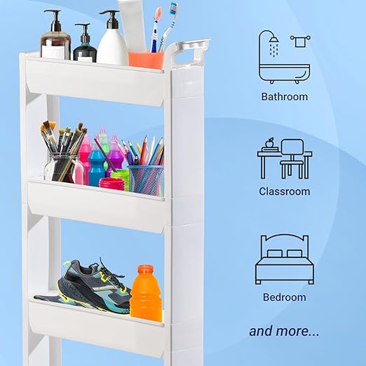 Miles Kimball 5 Tier Slim Cart, White, Durable Plastic, Easy Assembly, Holds Up to 6.5 lbs