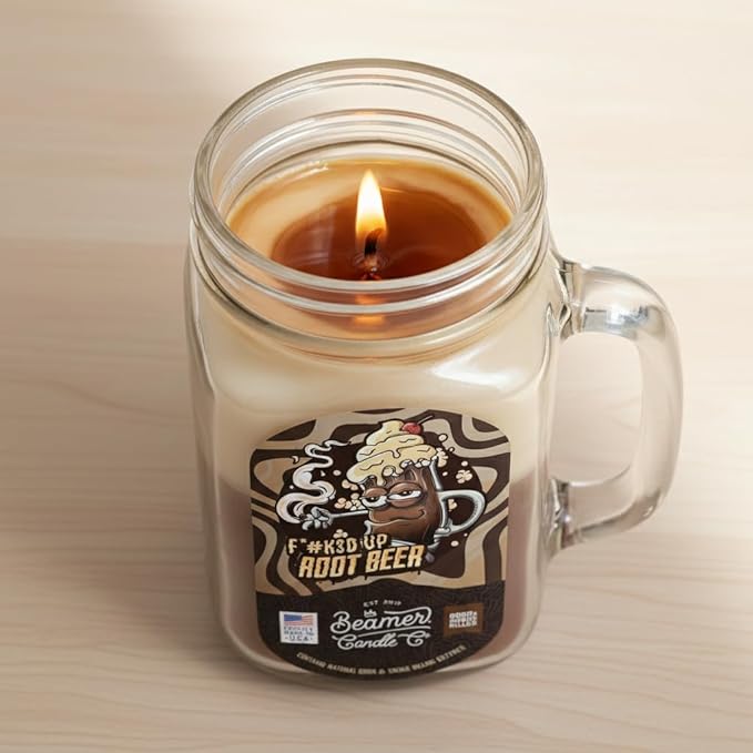 Root Beer Float Candle – Odor Eliminating, Strong Scent – Root Beer with Vanilla Cream – Long Lasting 90 Hour Burn – Large 12oz Mason Jar – Made in USA – Beamer Candle Co.