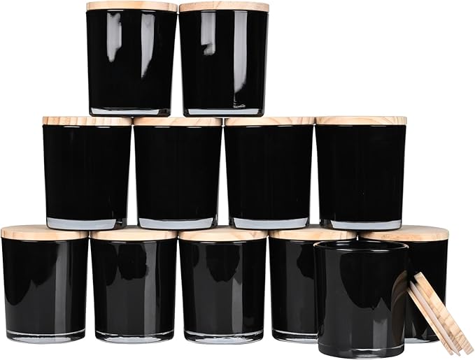 Thick Candle Jars for Making Candles 12 Pcs, 7 OZ Empty Jars with Wood Lids for Candle Making, Sample Container, Inner Black