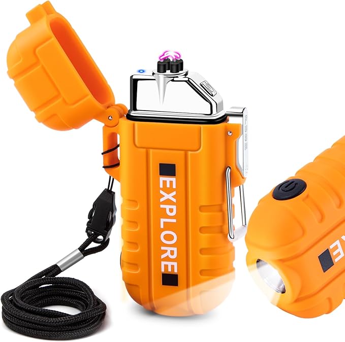 LcFun Arc Plasma Waterproof Lighter Electric Windproof Lighter USB Type C Rechargeable Flameless Cool Lighters with Flashlight for Camping, Survival,Outdoor Adventure, Tactical (Orange)