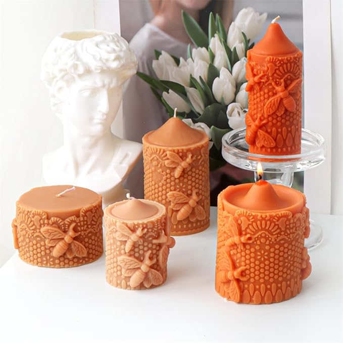 Bee Lace Trim Cylinder Candle Mold, Honeybee Beehive Pillar Silicone Mold for Beeswax Candle, Soy Wax Candle, Plaster Ornament, DIY Crafts (G)