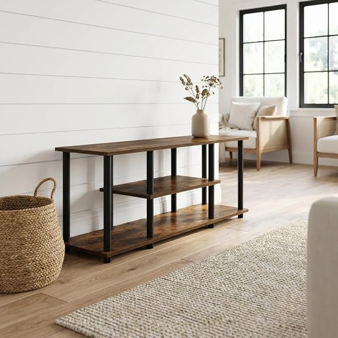 Furnifact Amber Pine/Black Wooden TV Stand with 3-Tier Open Shelves, Modern Design, Stable Construction for Living Room, Entertainment Center