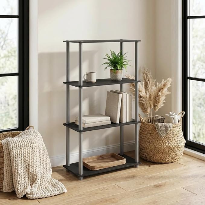Furnifact Black Grey Bookcase with Sturdy Wood Construction, Modern Design, Easy Assembly, Suitable for Home or Office Storage
