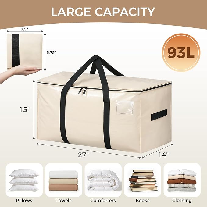 BAGAIL Heavy Duty Moving Bags with Strong Handle, Extra Large Moving Boxes, Storage Tote for Clothes, College Moving Supplies(Beige, 4 Pack)