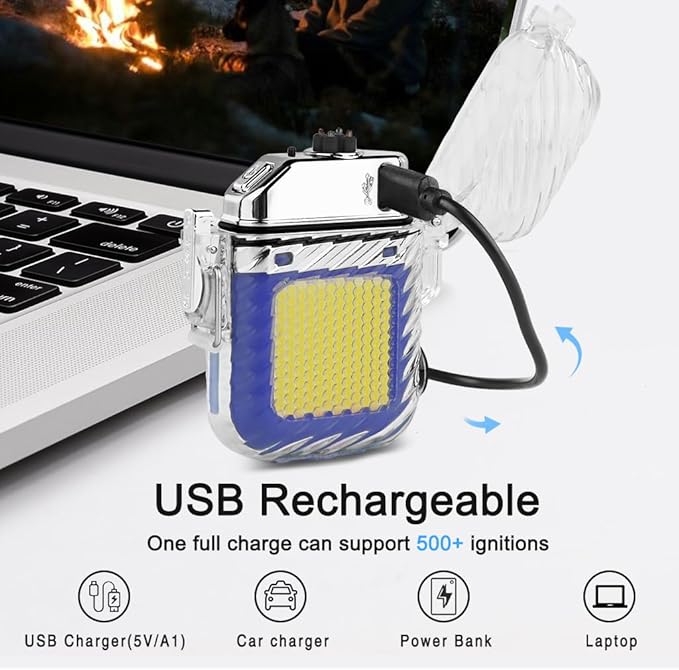 SUPRUS Waterproof Luminous Lighter of Flashlight Windproof Arc Electric Lighters Rechargeable Dual Arc Plasma (Blue, 2Packs)