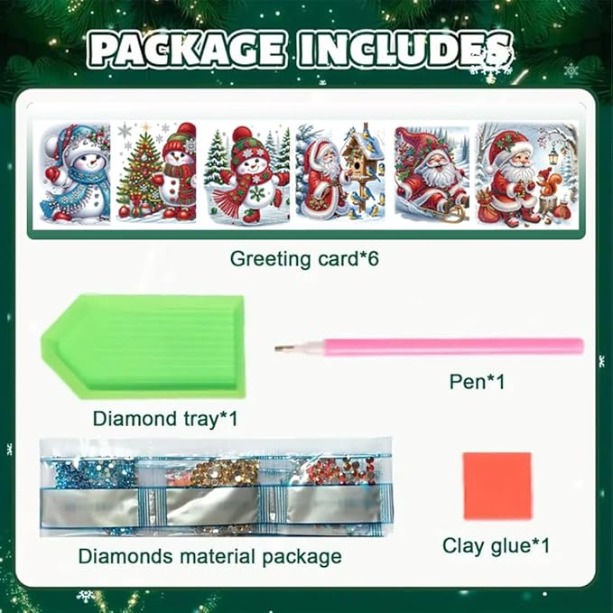 6 Pack Christmas DIY Rhinestone Painting Greeting Set, Snowman Santa Diamond Art with Envelopes, Holiday Gift for Family Friends