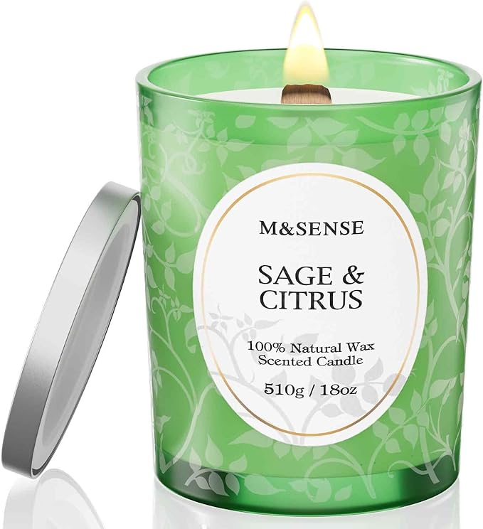 M&SENSE Sage Citrus Soy Candle, Cracking Wooden Wick 18oz 100 Hours Long Lasting Clean Burn, Large Jar Winter Aromatherapy Candle for Home Decor, Non-Toxic Relaxing Gifts for Women