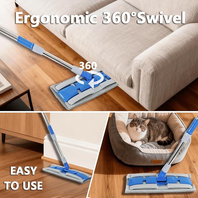 Electrostatic Pet Hair Clip-On Mop,One Swipe Captures All Pet Hair & Dust-2 Reusable Pet Hair Removal Cloths+1 Fiber Cleaning Cloth,57-Inch Adjustable Handle,Suitable for Large Home Areas&Under Sofas