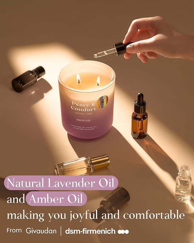 M&SENSE Lavender Amber Candle for Home Scented, 14.1oz Non Toxic 80 Hours Long Lasting Natural Soy Wax Aromatherapy Candle for Spiritual Healing & Stress Relief Gifts for Spa Yoga Meditation
