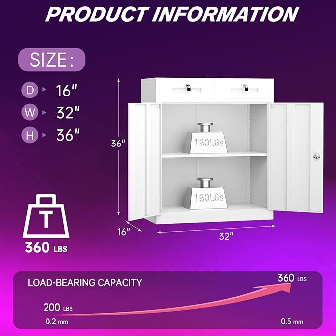 Superday Lockable Storage Cabinet with 2 Drawers, 36" Metal Storage Cabinets with Locking Doors and Adjustable Shelves, White Metal Locking Cabinet for Home Office Garage School
