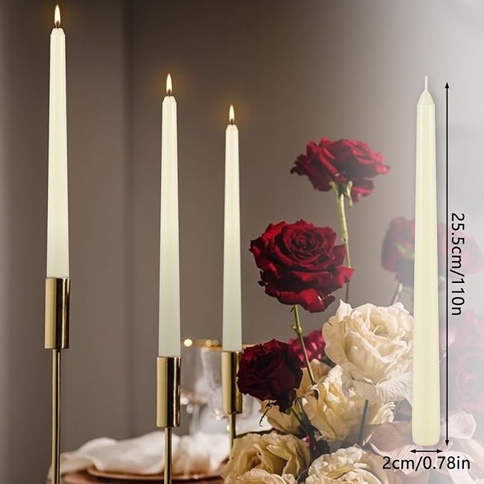 Ivory Taper Candle,12PACK Unscented 10 Inch Taper Candles-Dripless and Smokeless-8 Hours Long Burning Dinner Candle, Ideal for Halloween Taper Candles, Weddings, Dinner,Parties