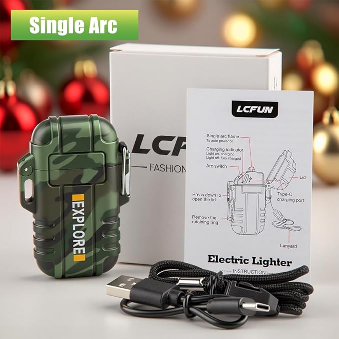 LcFun Electric Lighter USB C Rechargeable Plasma Lighter Windproof Flameless Arc Lighters, Waterproof Matches for Camping Hiking Hunting, Survival Tactical Gear Gifts for Men Fathers Husband