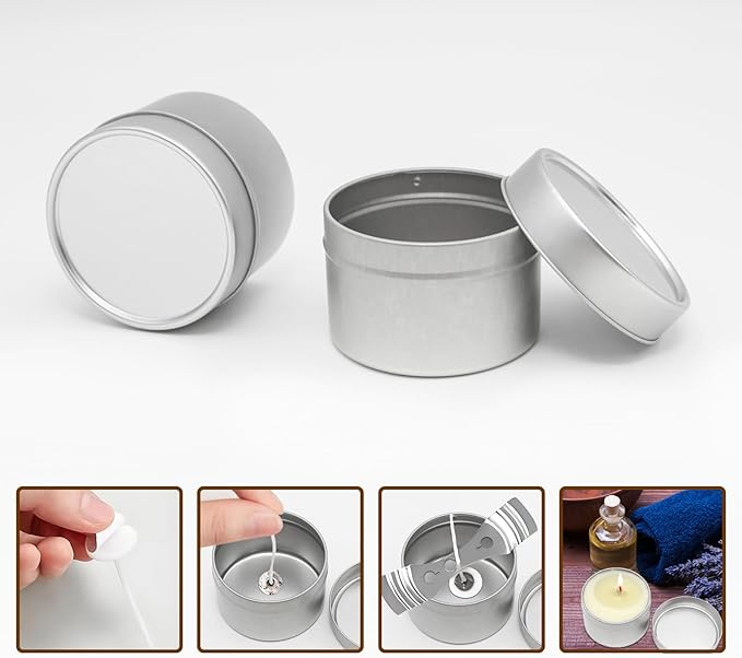JAKOUE 8pcs Silvery 4oz Candle Tins with Lids - Premium Metal Candle Jars for DIY Craft, Wax Melts & Small Business (Leak-Proof Candle Containers) 65mm*45mm/2.56"*1.78"