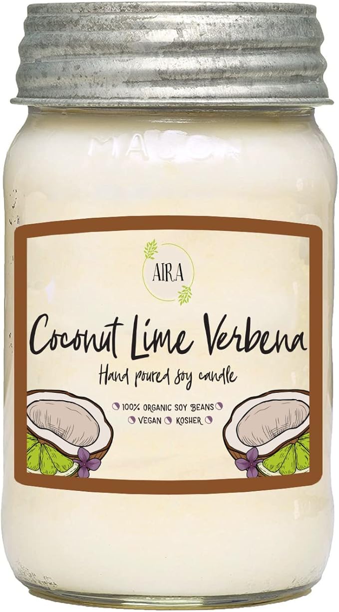 Aira Soy Candles - Organic, Kosher, Vegan, in Mason Jar w/Therapeutic Grade Essential Oil Blends - Hand-Poured 100% Soy Candle Wax - Paraffin Free, Burns 110+ Hours - Coconut Lime Verbena - 16 Ounces