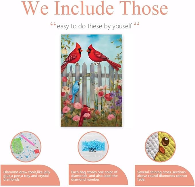 GUAIEUW Fence Red Bird Flowers Diamond Painting Kit for Adults, Full Round Diamond Cardinal Bird 5D Diamond Painting DIY Art Crafts for Winter Home Wall Decor Holiday Gift 20x30 Inch
