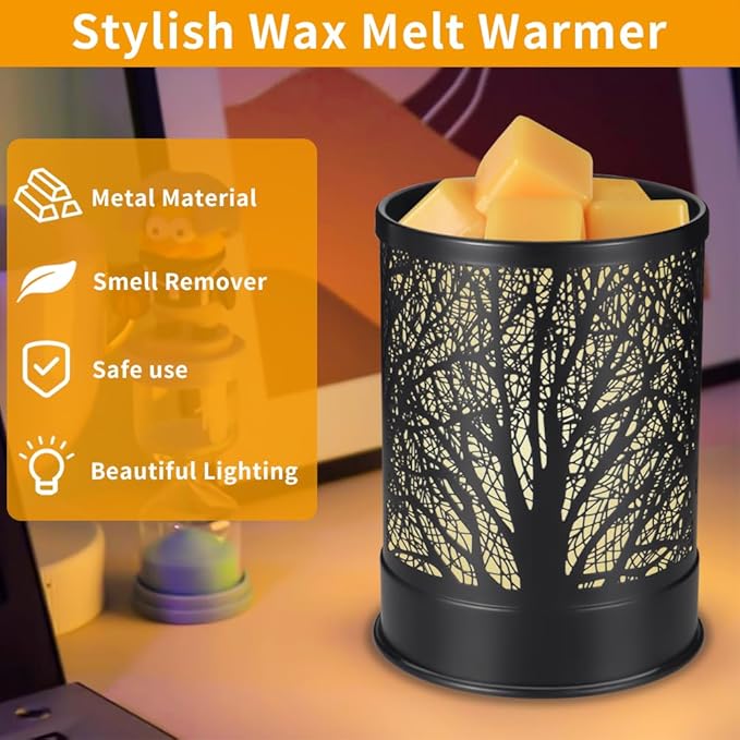 Metal Wax Melts Warmer, 2-in-1 Electric Scented Candle Wax Melter and Cubes, Aromatherapy Essential Oil Burner for Home Décor Office and Bedroom, with LED Light (Black Tree)