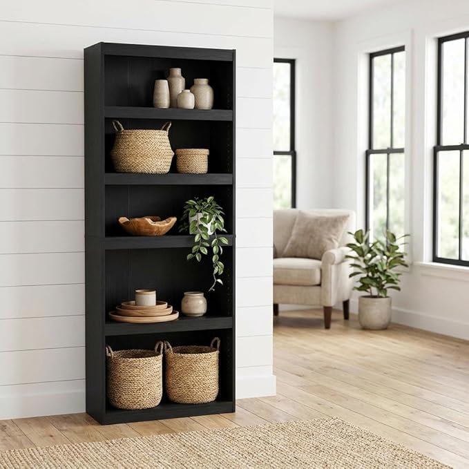 Furnifact Blackwood 5-Tier Shelf Bookcase with Ample Storage, Sturdy Wooden Construction, Modern Rustic Design, Ideal for Living Room or Office Storage