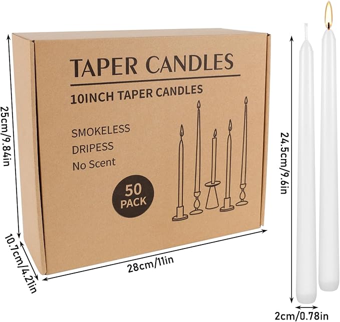 50 Pack White Taper Candles, 7-8 Hours Burn Time, Unscented, Smokeless and Dripless, 4/5 x 10 Inch for Christmas,Household,Dinner,Wedding,Valentine's Day,Party and Home Décor Candlesticks
