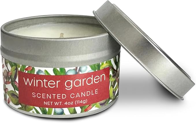 Greenwich Bay Hand-Poured Scented Candle in Decorative Tin – 4 oz/114 g Travel Candle with Lead-Free Wick, Vegetable Wax, Long-Burning Aromatherapy Gift, Single Wick – Made in USA (Winter Garden)