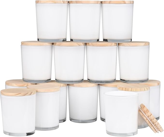 Thick Candle Jars for Making Candles 16 Pcs, 7 OZ Empty Jars with Wood Lids for Candle Making, Sample Container, Inner White