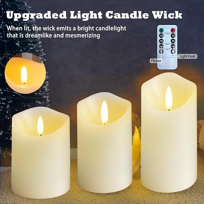 Rechargeable Flameless Candle, Flashing LED Pillar Real Wax Candle with Remote Control and Timer,Decorative Electronic Candles, 1 Set of 3