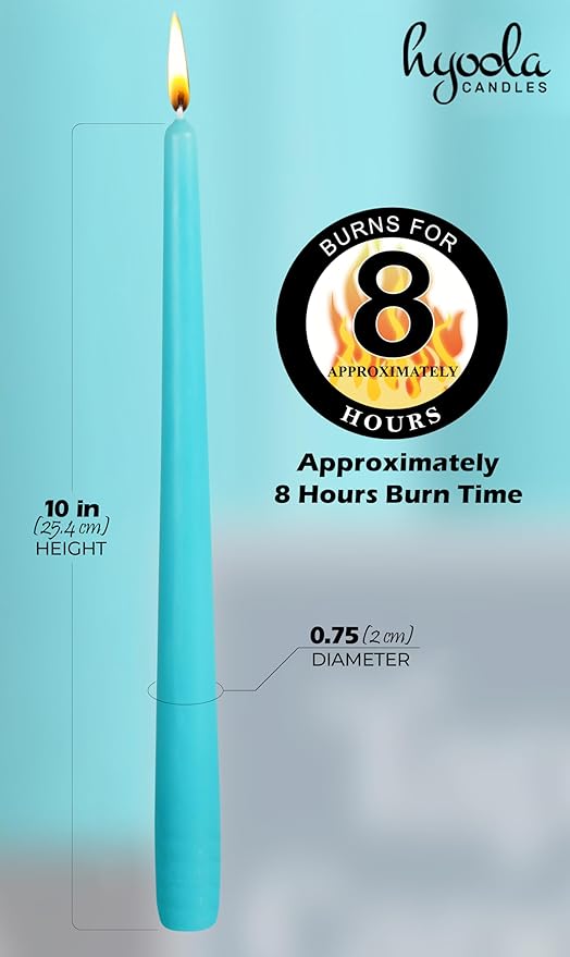 Hyoola Tall Taper Candles - 10 Inch Turquoise Dripless, Unscented Dinner Candle, Paraffin Wax with Cotton Wicks - 8 Hour Burn Time, Blue (Pack of 12)