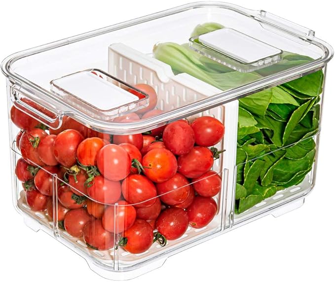 Slideep 9'' Food Storage Containers, 2 Tier Stackable Fridge Produce Saver with Lids, Removable Drain Tray Drawers Refrigerator Produce Keeper with Strainer for Veggie, Berry, Fruits, Vegetables