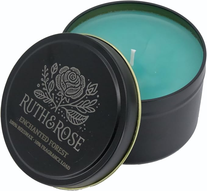 RUTH & ROSE | Blue Spruce (Enchanted Forest) | 100% Beeswax Scented Candles for Home, 8oz, +65 Hours Burn Time, Aromatherapy Non Toxic Candles, Gift for Women & Men, Perfect for Travel or Gifting