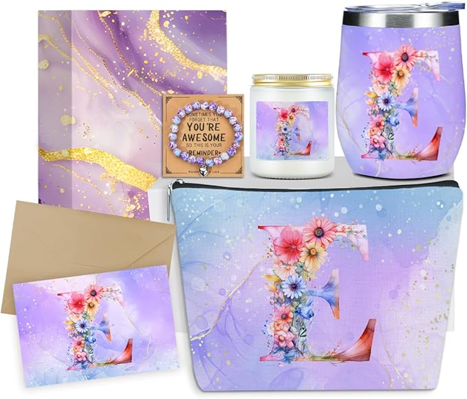 Personalized Gifts Monogrammed Birthday Gifts for Women, Daughter Bestie Friendship Christmas Halloween Initial Wine Tumbler Makeup Bag Scented Candle Bracelet Set, (Aesthetic Purple Flower E)