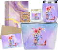 Personalized Gifts Monogrammed Birthday Gifts for Women, Daughter Bestie Friendship Christmas Halloween Initial Wine Tumbler Makeup Bag Scented Candle Bracelet Set, (Aesthetic Purple Flower E)