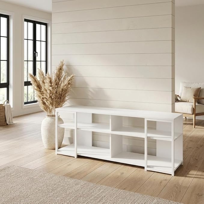 Furnifact White Modern TV Stand for 65-Inch TVs, Metal and Wood Construction, Sleek Storage Design, Stylish and Durable Living Room Furniture